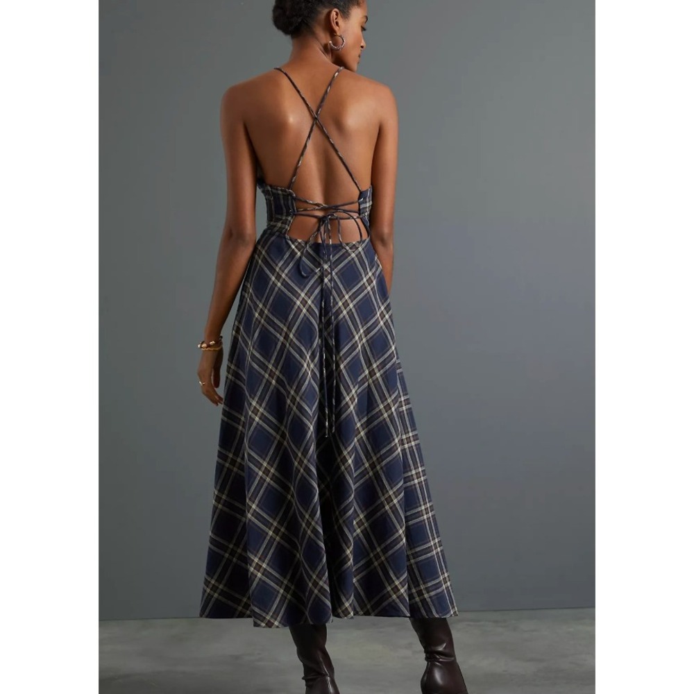 Anthropologie Pinnacle by Shruti Sancheti Plaid Midi Dress in Navy Blue sz 6 - Picture 2 of 5